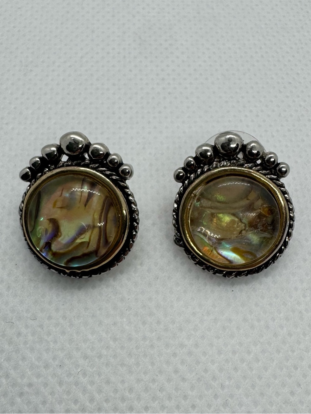 Abalone Shell Look Silver Tone Stud Earrings Beaded Boho Missing Back